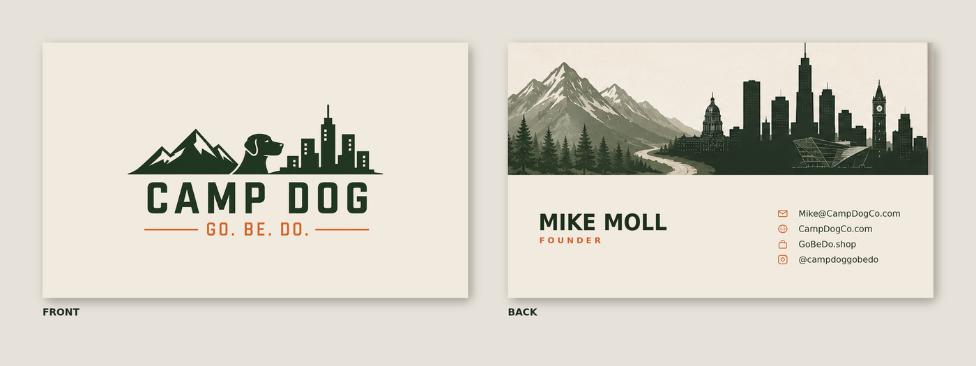 Camp Dog business card — front and back with Denver skyline