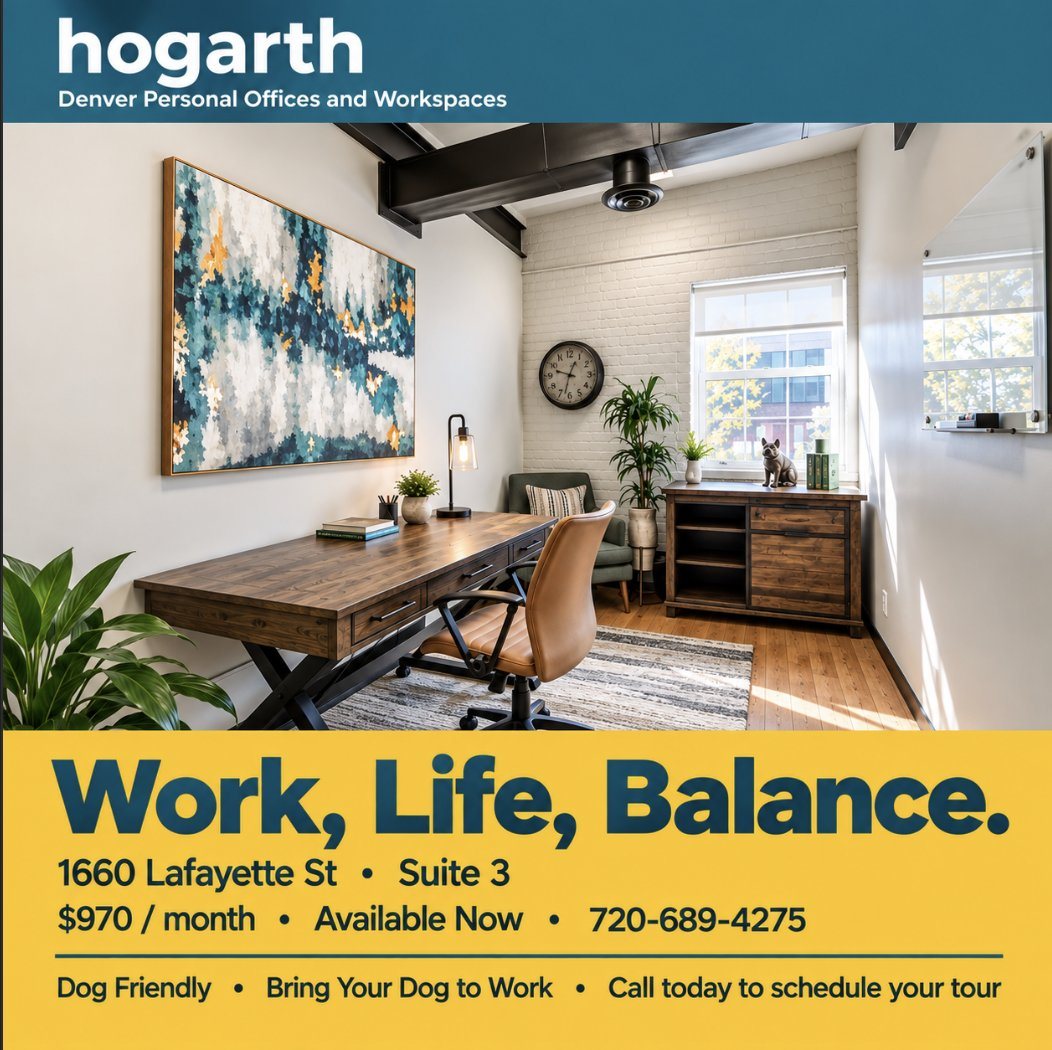 Hogarth social ad — Suite 3, 1660 Lafayette: Work, Life, Balance.