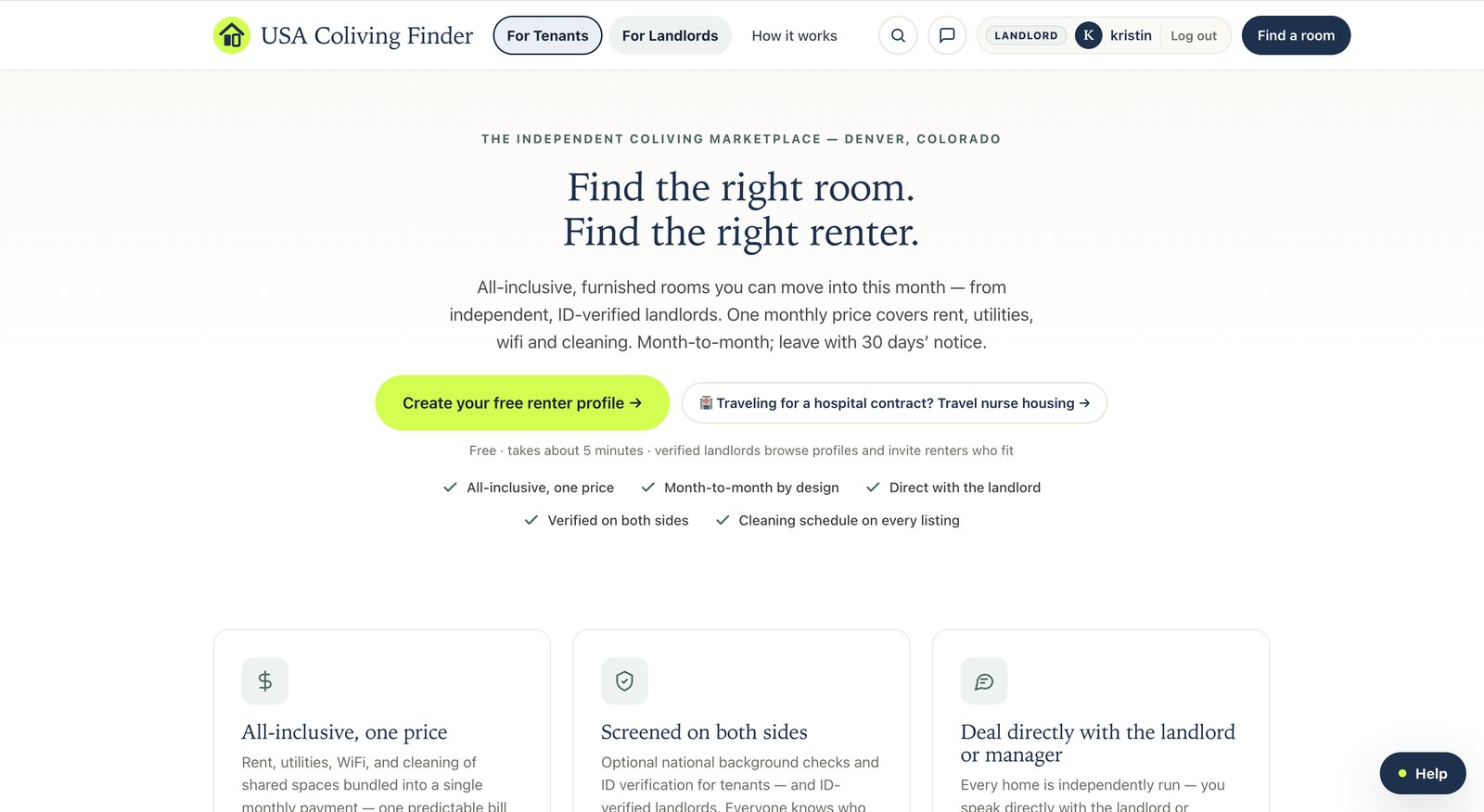 USA Coliving Finder website homepage